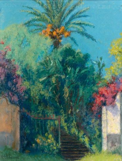 Raymond THIBESART (1874 - 1968) Jardin aux palmiers Pastel, signé en bas à gauche....