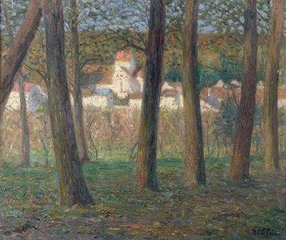 Raymond THIBESART (1874 - 1968) Vaux, le village à travers les arbres, 1906 Huile...