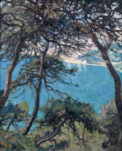 Raymond THIBESART (1874 - 1968) Villefranche à travers les pins, 1930 Huile sur toile,...