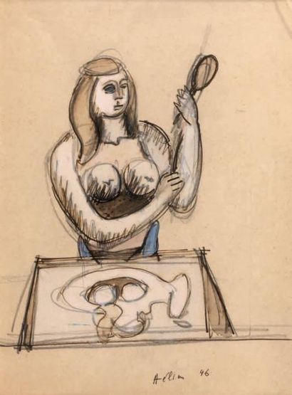 Jean HELION (1904 - 1987) Femme à son miroir, 1946 Technique mixte sur papier, signée...
