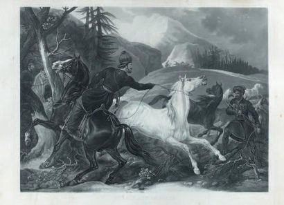 Carle VERNET Chasse eux chevaux en Russie Grande et rare gravure par Jazet, encadrée....