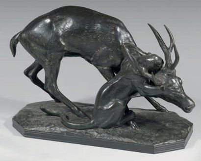 D'après Antoine-Louis BARYE Panthère attaquant un cerf Épreuve en bronze patiné,...