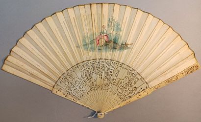 null * Fan, the vellum leaf mounted in the English style. In front of a large village...
