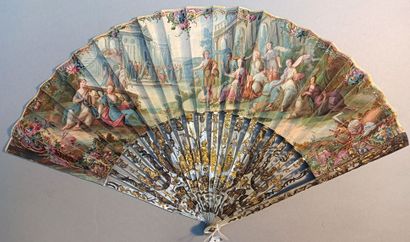 null * Double-leaf gouache-painted paper fan, the front of a large animated scene,...