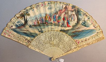 null * Fan, the vellum leaf mounted in the English style. In front of a large village...