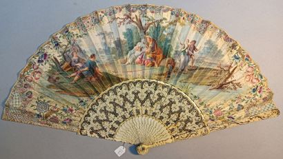 null * Double gouache-painted paper fan, the front of a gallant scene of a young...