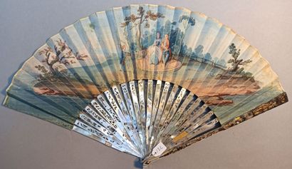 null * Double-leaf gouache-painted paper fan, the front of a large animated scene,...