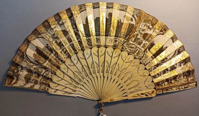 null * Fan, double sheet in lithographed paper enhanced with gouache. Three cartels...