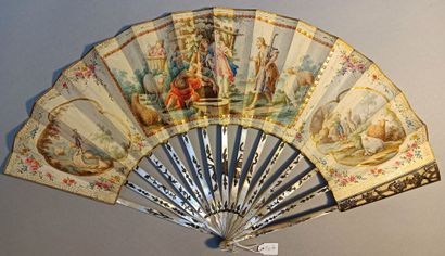 null * Fan, the vellum leaf mounted in English style and painted in gouache with...