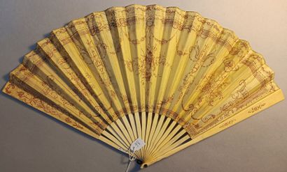 null * Folded fan, double paper sheet. The front chromolithographed with three cartels...