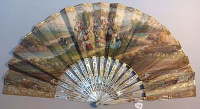 null * Fan, the double leaf painted with gouache. The front depicts a lively scene,...