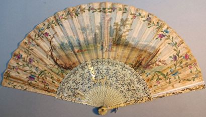 null * Double gouache-painted paper fan, the front of a gallant scene of a young...