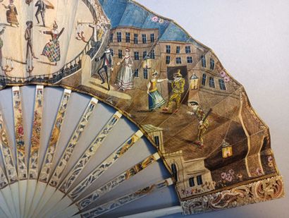 null * Fan, the double leaf in skin and paper painted with gouache. The front features...