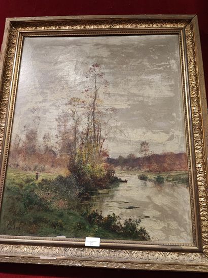 null Lively riverside landscape. Oil on canvas signed lower left Godchaux. Size:...