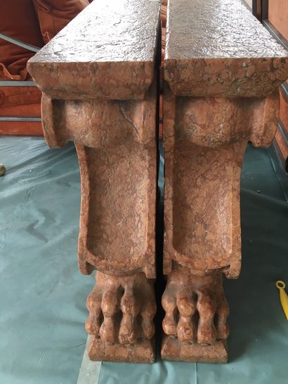null Marble table with geometrically decorated hardstone top, lion's claw base. 74...