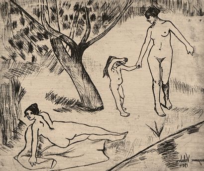 Suzanne VALADON (1865-1938) Femmes et enfant au bord de l'eau
Eau-forte sur vélin... Gazette Drouot