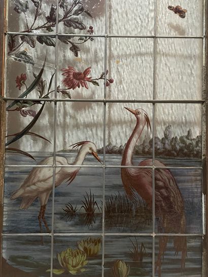 null "Herons by a pond" This two-panel stained glass window in cathedral glass, grisaille...