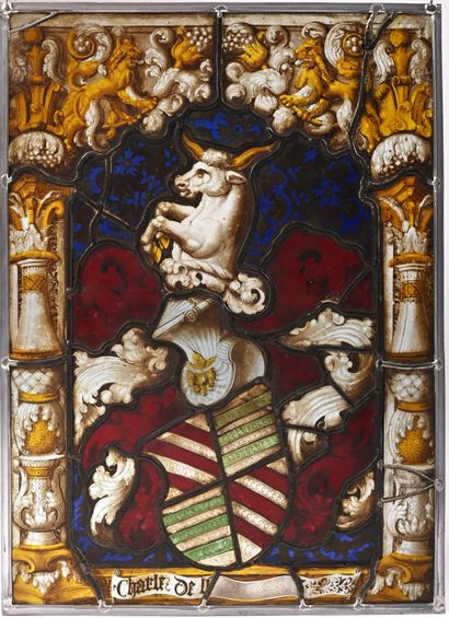 null "Charles de Lucinge" Large and rare stained glass window in grisaille, silver...