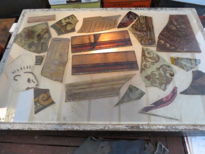 null Box containing approximately 174 stained glass scraps from different periods...