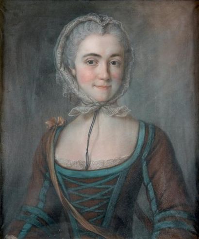 Attribué à Claude POUGIN DE SAINT AUBIN (1730 - 1783) Portrait de femme en marmotte...
