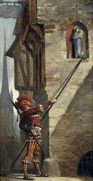 ECOLE FRANCAISE DU XIXème siècle Le Lansquenet Sur sa toile d'origine. Porte un monogramme...