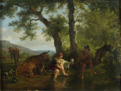 Jean Louis DEMARNE (Bruxelles 1744 - Paris 1829) Pastorale au bord d'un ruisseau...