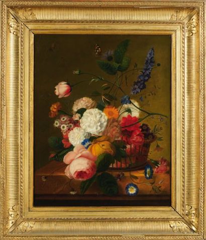 Caspar van HUYSUM (actif à Leeuwarden au XVIIème siècle) Bouquet de fleurs dans une...