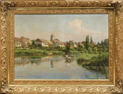 Emile ISEMBART (1846-1921) Vue de Rigny-sur-Saône Toile. 65 x 92 cm. Signée en bas...