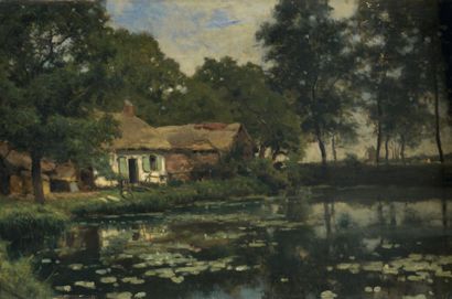 J.QUINAR (Actif au XIXème siècle) La chaumière près de l'étang Panneau, une planche,...