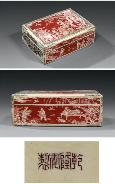 null CHINE Rare boîte couverte rectangulaire en ivoire, teintée à fond rouge sur...