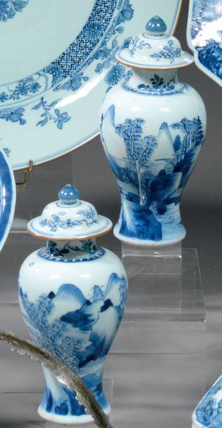 null CHINE. Paire de petits vases de forme balustre décorés en bleu sous couverte...