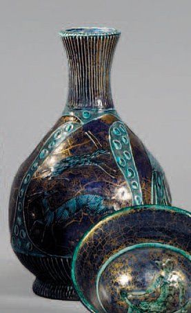 MAYODON Jean (1893-1967) Vase ovoïde à col entièrement étranglé en céramique, décor...