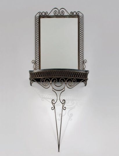 POILLERAT Gilbert (1902-1988) (attribué à) Console et son miroir en fer forgé à décor...