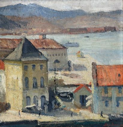 Georges DUFRENOY (1870-1943) Un port Huile sur carton marouflé sur panneau, signée...