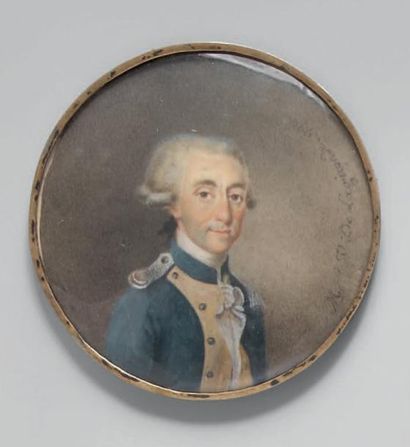 null Miniature ronde sur ivoire: Portrait d'un officier en habit bleu, plastron chamois,...