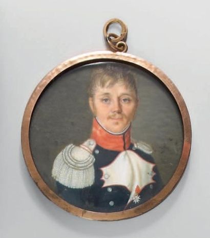 null Miniature ronde sur ivoire: Portrait d'un capitaine adjoint d'infanterie légère...