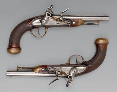 null Paire de pistolets à silex d'officier de cavalerie modèle 1822, canons à pans...