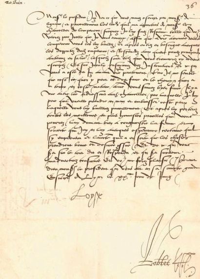 LOUISE DE SAVOIE (1476-1536) L.S. «Loyse», Lyon 20 juin [1525], au Premier Président...