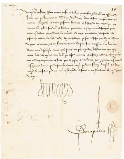 françois ier (1494-1547) 14 L.S. «Francoys», avril-juillet [1521], au Premier Président...