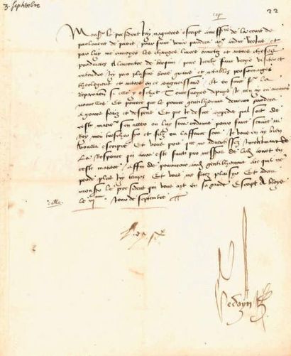 LOUISE DE SAVOIE (1476-1536) L.S. «Loyse», Blois 3 septembre [1523], au Premier Président...