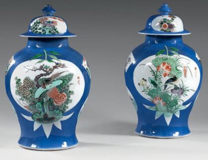 CHINE Paire de potiches couvertes de forme balustre à fond bleu poudré, décoré en...