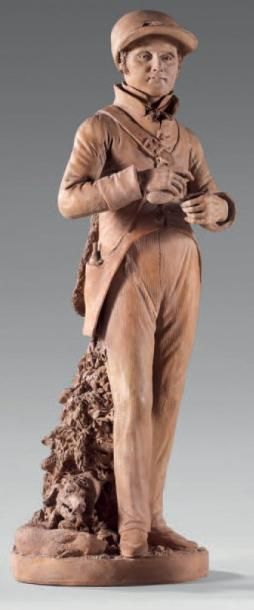 null Statuette en terre cuite représentant un chasseur XIXème siècle (éclats) H:...