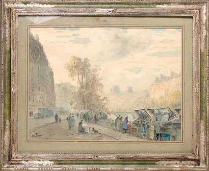 Henri FOREAU (Paris 1866 - 1938) Quai, vers les Grands Augustins Aquarelle. Signée...