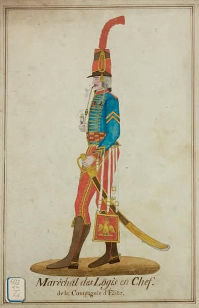 null Dessin aquarellé: Un maréchal des logis chef de la compagnie d'élite du 4e hussards,...