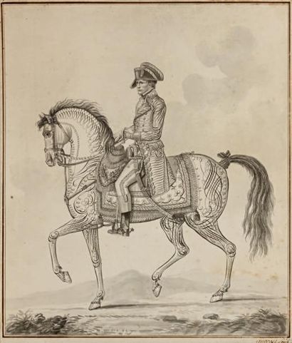 Auvrest Dessin calligraphié à la plume et au lavis: Le Premier Consul à cheval, signé...