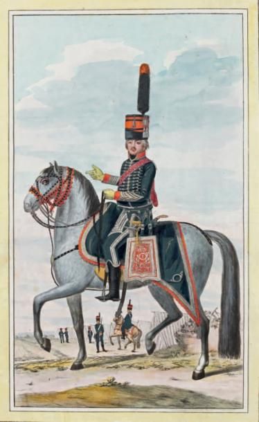 HOFFMANN 5 Gravures aquarellées: - Hussard de Bercheny. - Colonel du 10e régiment...