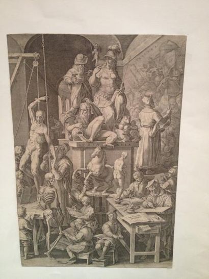 Cornelis Cort L'ACADEMIE DES BEAUX ARTS d'après un dessin de J. Stradan. (Hollstein...
