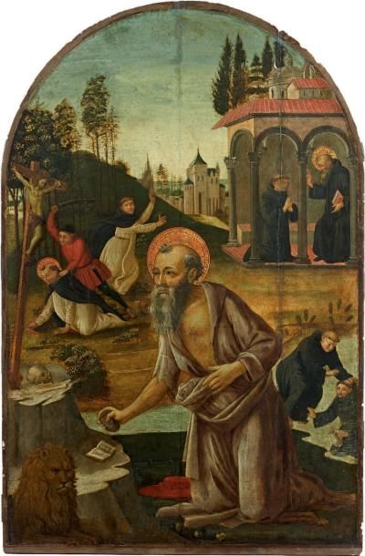 ECOLE FLORENTINE, vers 1500, entourage de Jacopo Del SELLAIO Saint-Jérôme avec trois...
