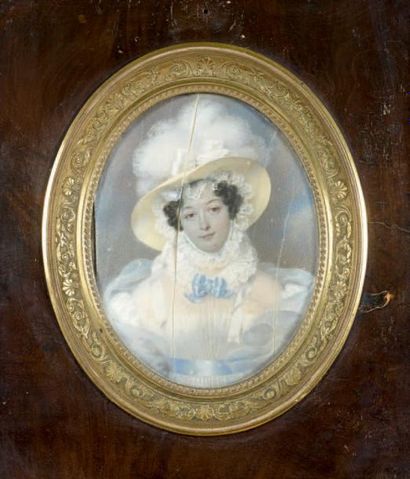 Attribué à Jean-Baptiste ISABEY Portrait de jeune femme en robe bleue et chapeau...