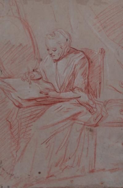 Ecole Française du XVIIIème siècle Etude de femme dessinant Sanguine et rehaut de...